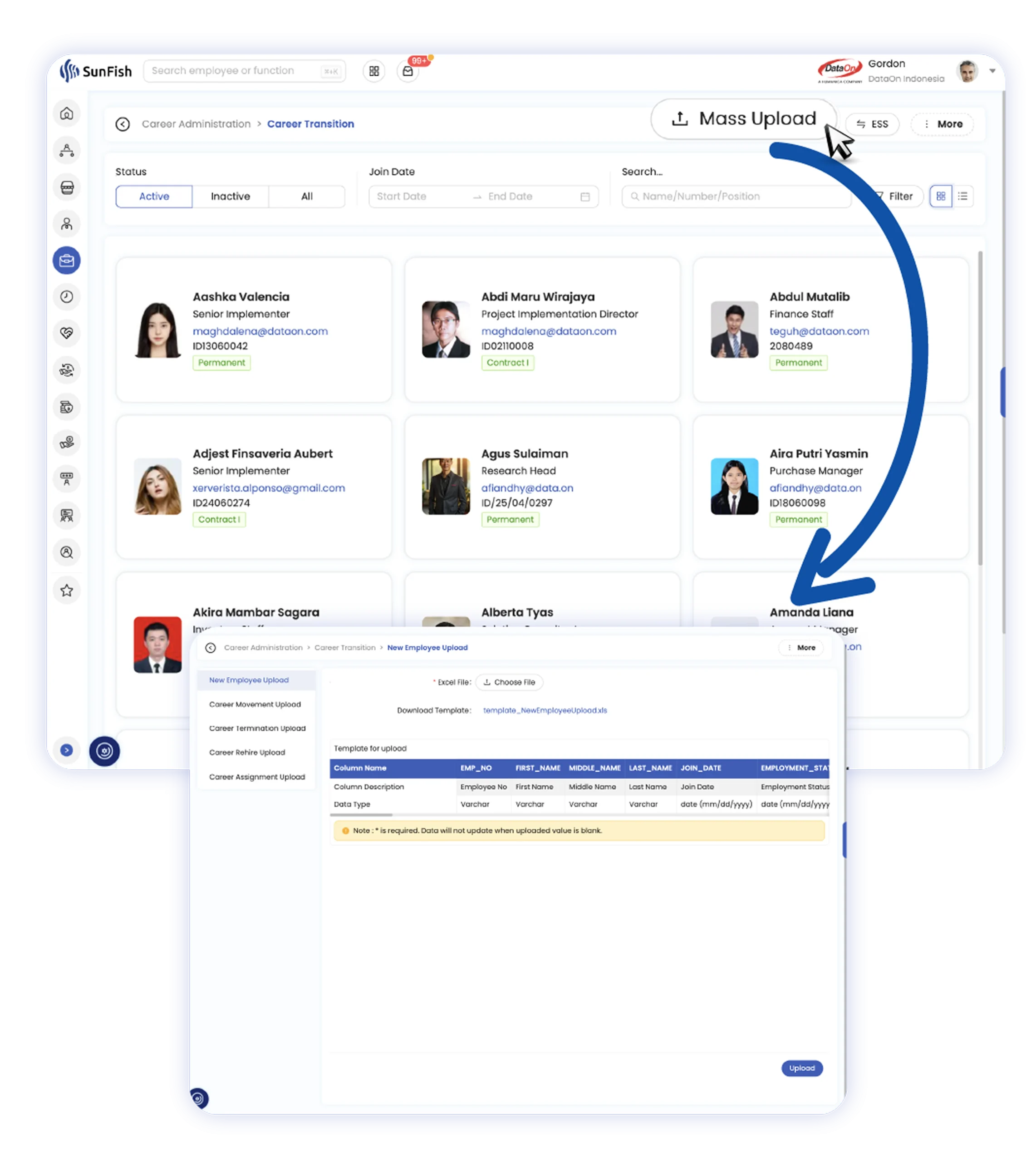 Manage multiple career movements at once using standardized templates for events like termination or internal transfers.