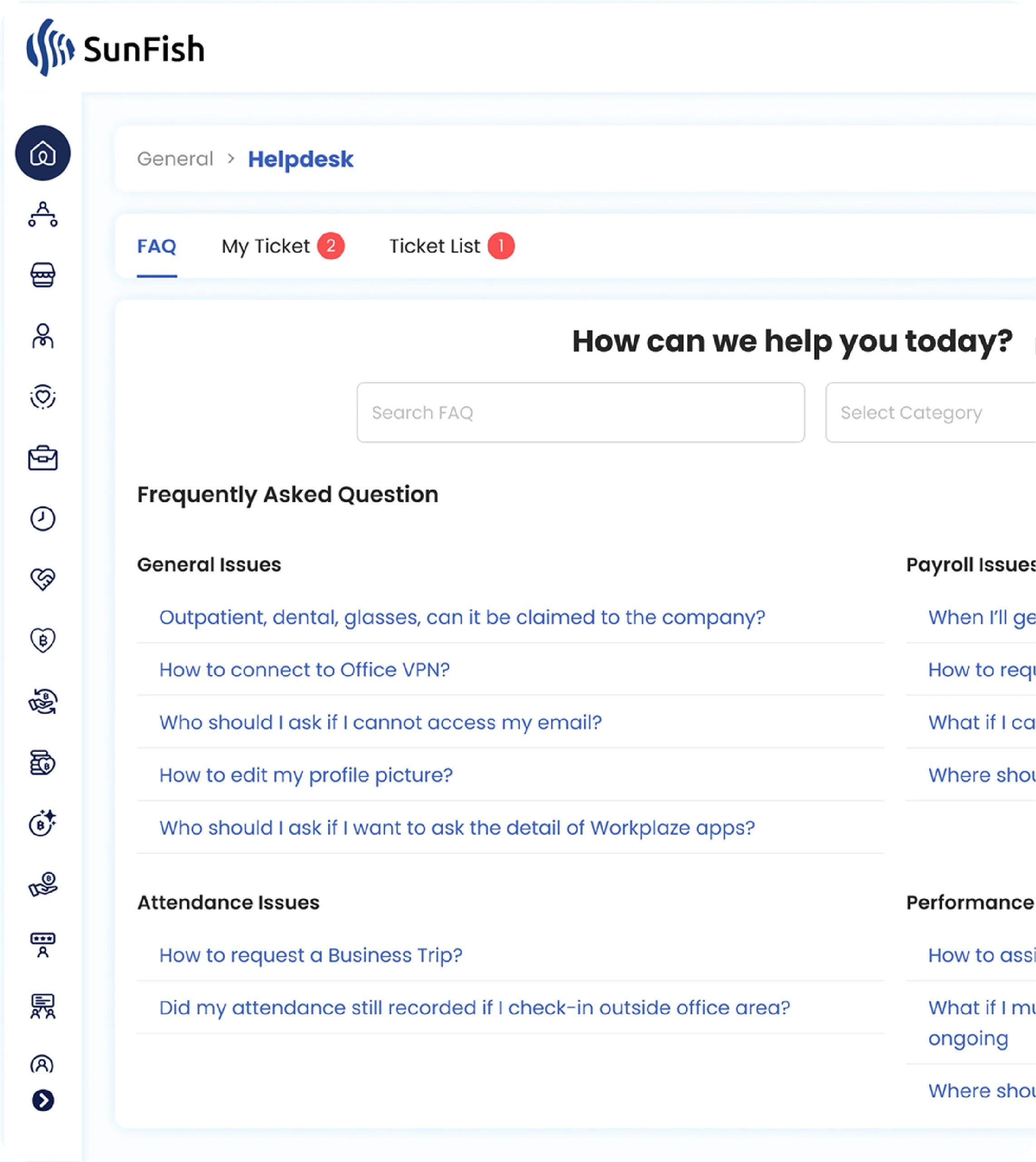 Employee self-service portal in SunFish HR helpdesk