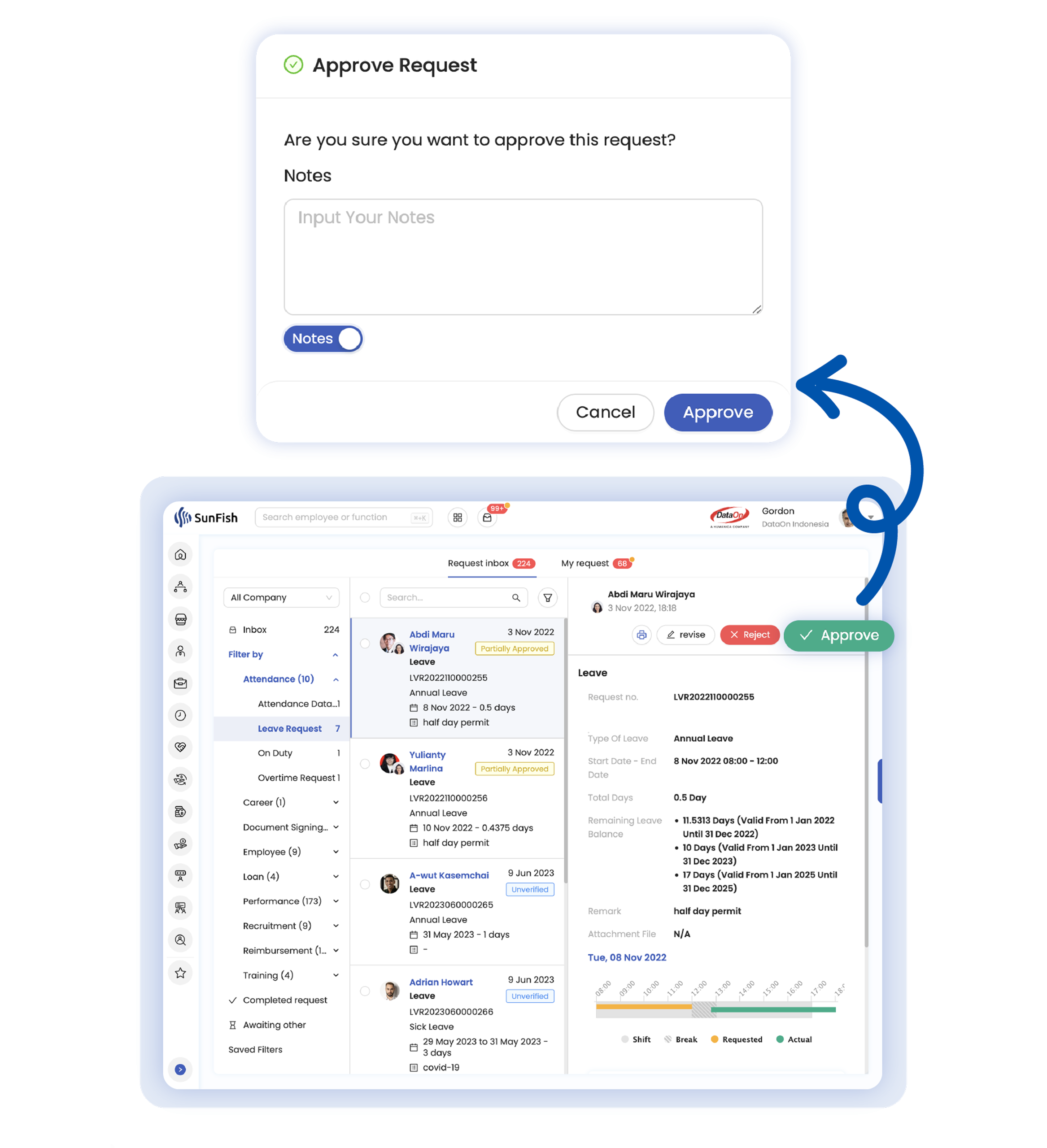 Managers can manage requests from employees without confusions with SunFish HR employee self service