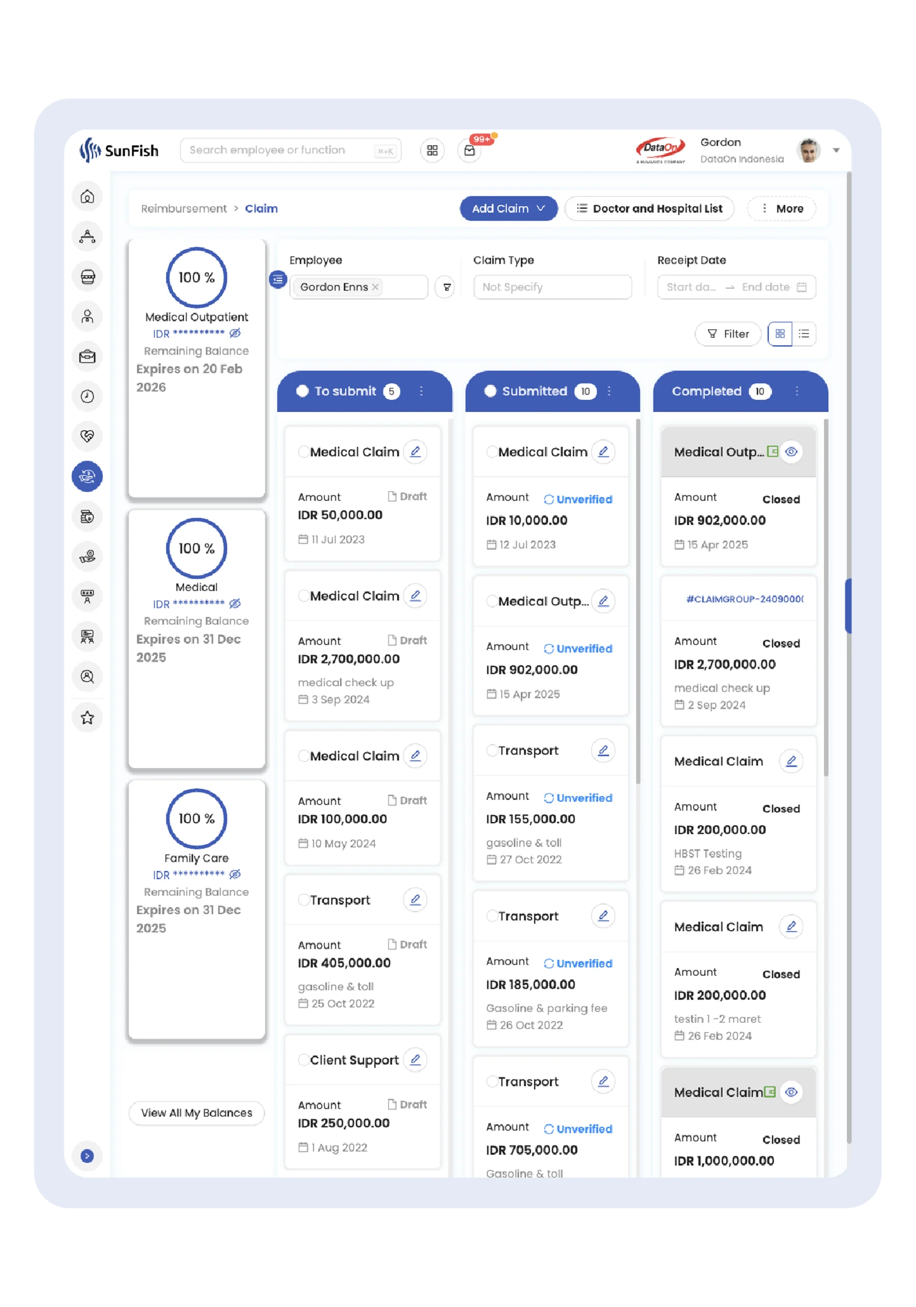Submit and check claims, allowances, and compensation in employee self service system