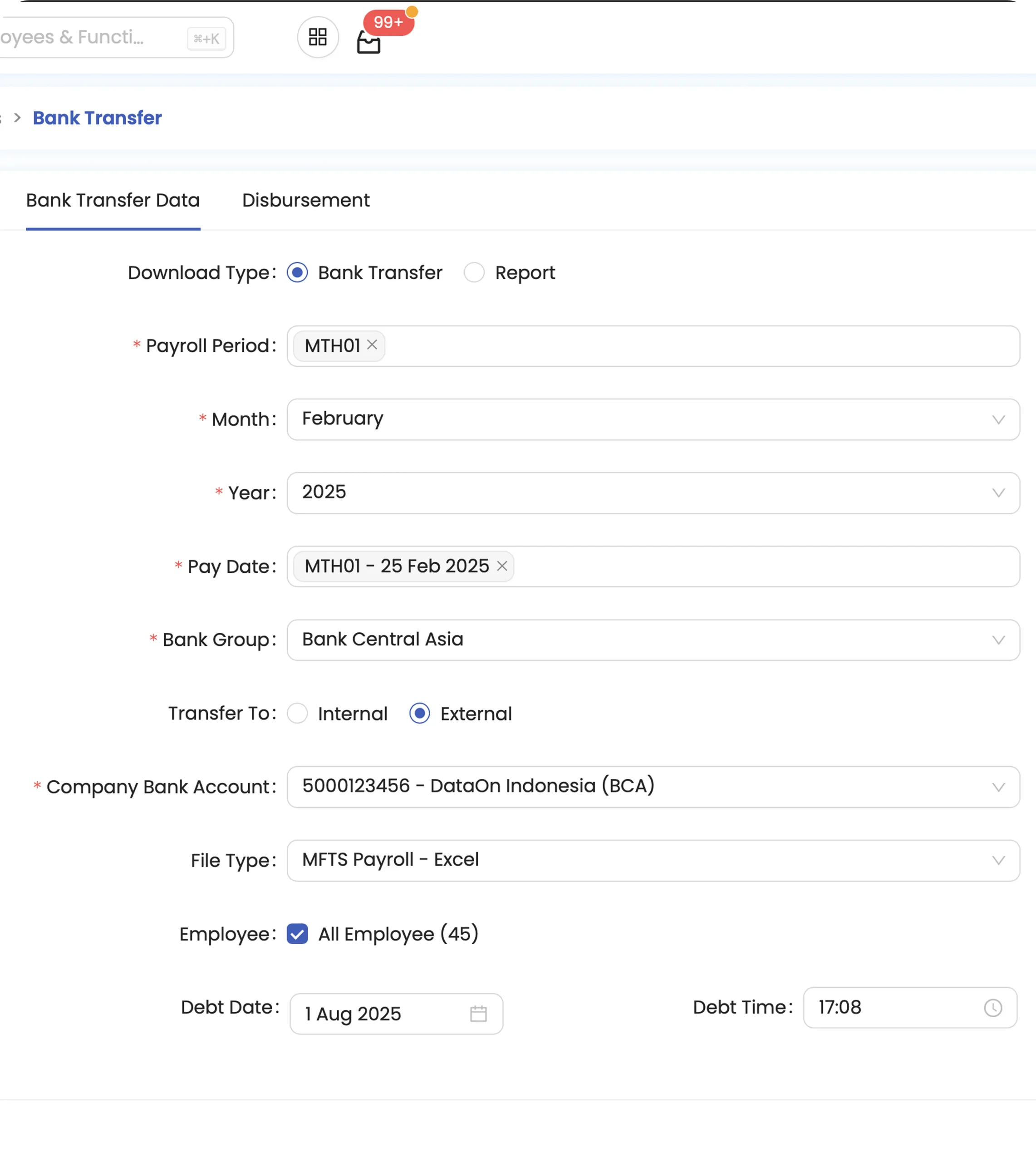 Payroll management systems bank transfer setup screen showing payroll period, bank details, pay date, file type, and employee selection in SunFish HR.