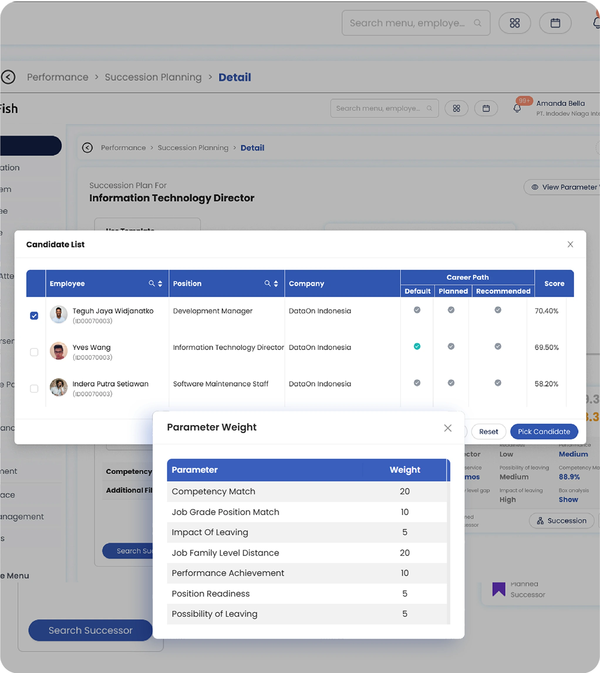 Use smart scoring templates to assess successor fit — factoring in skill match, job level, and readiness. Let SunFish calculate match percentages and rank potential candidates objectively.