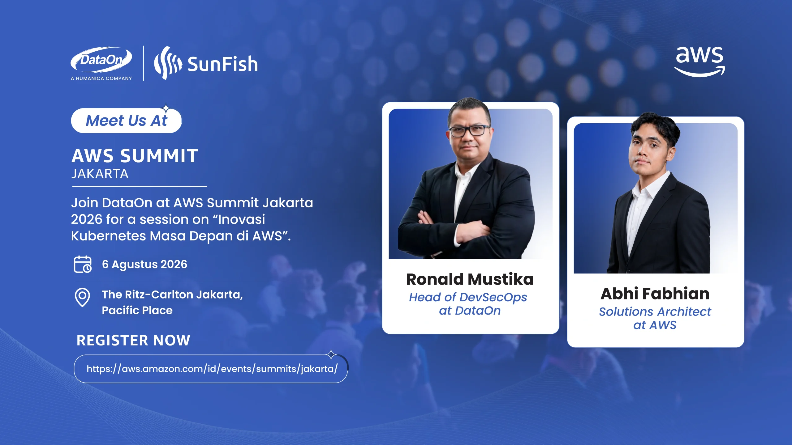 DataOn and AWS speakers presenting a session on the future of Kubernetes innovation at AWS Summit Jakarta 2026.