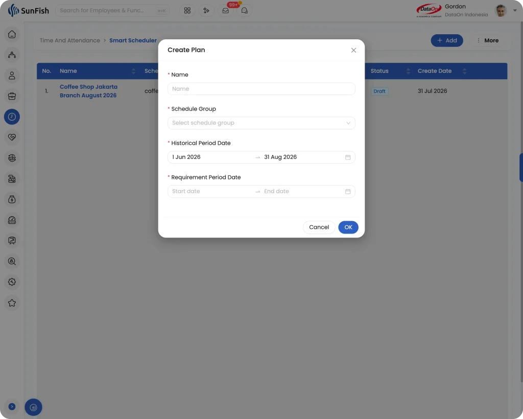 SunFish HR Smart Scheduler Create Plan interface for selecting a schedule group, historical period, and workforce requirement period