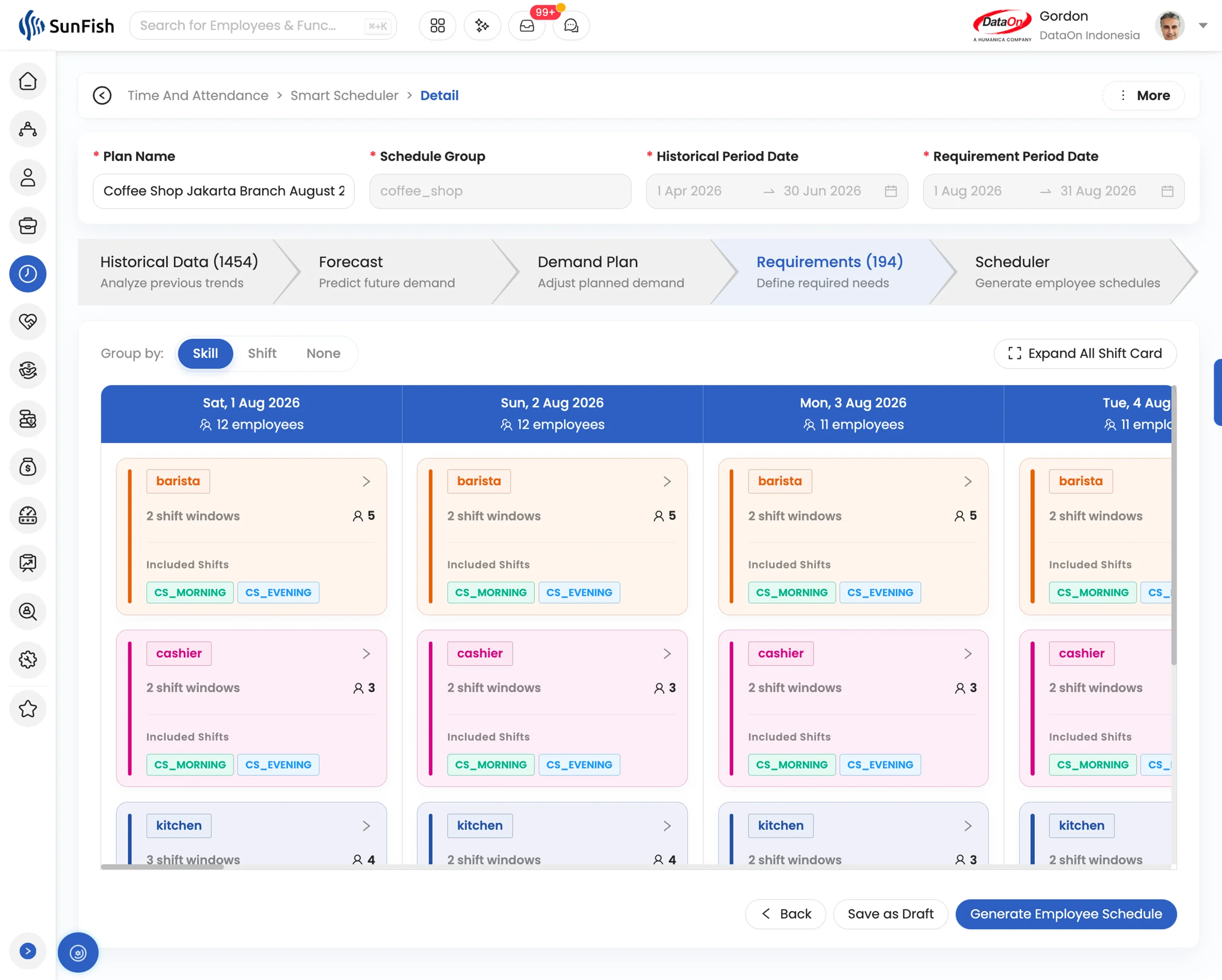 SunFish HR Smart Scheduler Forecast view using historical patterns to predict workforce demand for the upcoming period